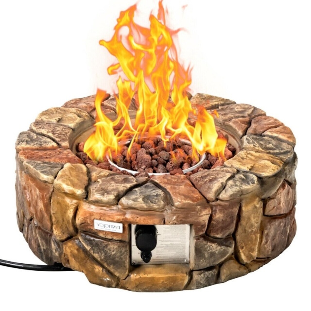 28 Inch Round Outdoor Propane Gas Fire Pit 40000 BTU with Lava Rocks Adjustable Flame Stone Finish for Patio Backyard Garden